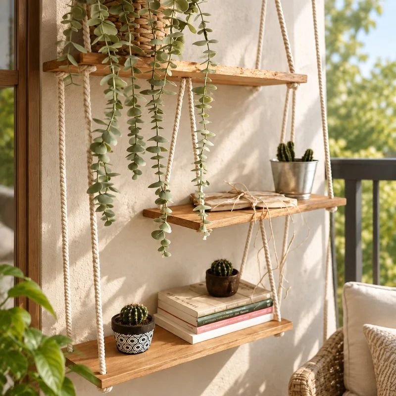 3-Tier Macrame Hanging Shelves for Plants and Home Decoration, Adjustable Height for Bedroom and Living Area
