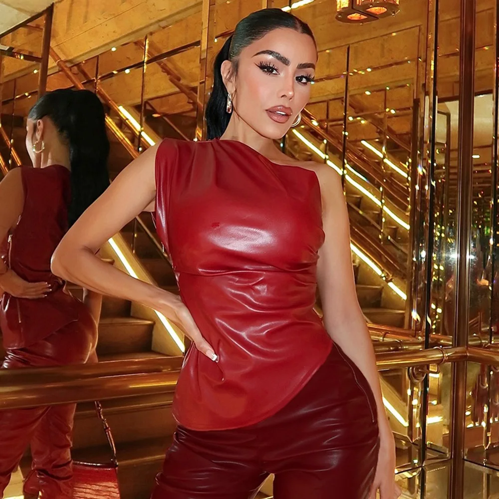 

European American women's small vest summer new sleeveless slanted shoulder diagonal pendulum pleated PU leather women's top