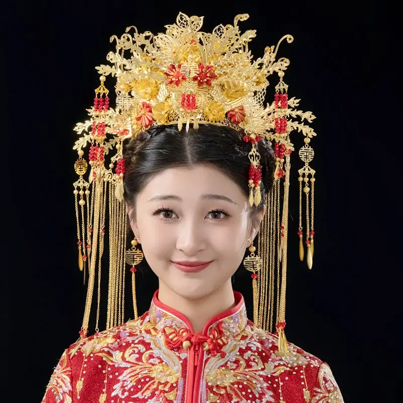 HIMSTORY New Chinese Ancient Costume Luxury Phoenix  Wedding Yellow Hair Crown Headdress Hair Accessories