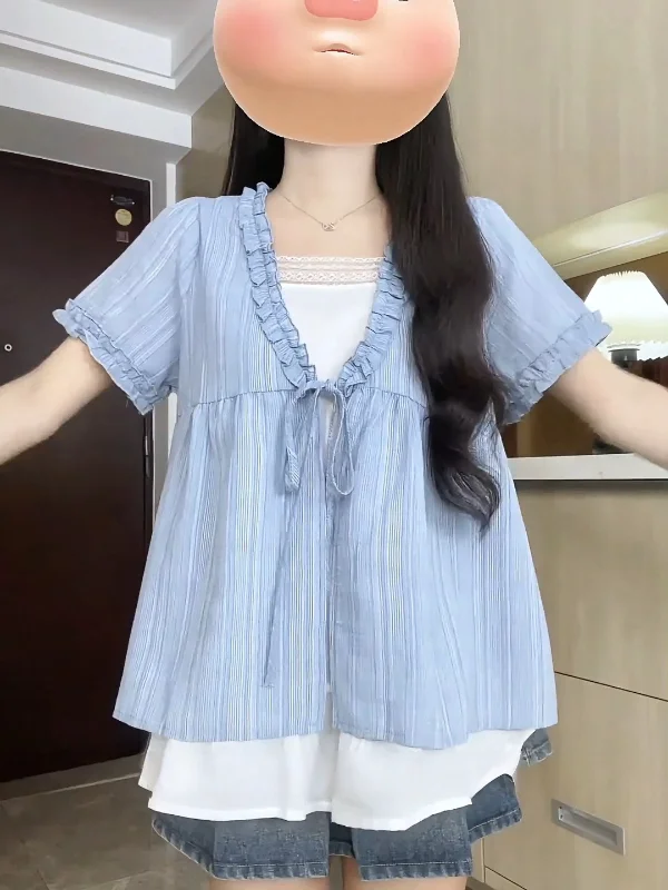 

plus Size Women's Sweet Style V-Neck Short Sleeve Shirt Summer Fake Two-Piece Meat Conceal Slimming Versatile Top