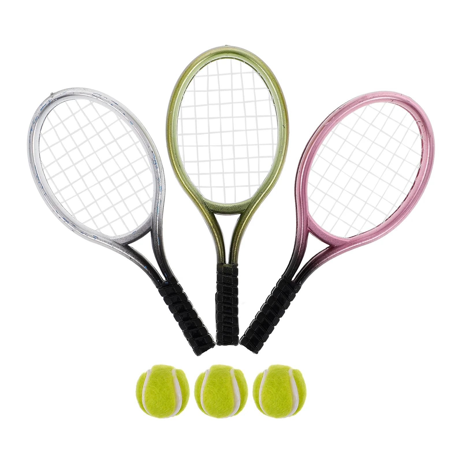 

3 set Mini Tennis Racket Keychain Miniature Toy Decorative Rackets Balls Set Desk Model Props Plastic Lightweight DIY House