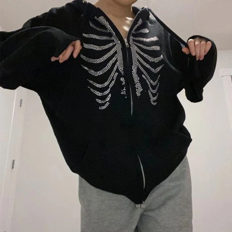 New Y2K Men\'s Spring And Autumn Gothic Rhinestone Sweatshirt Hoodie Halloween Skull Clothing Hip Hop Grunge Large Sweater Coat 