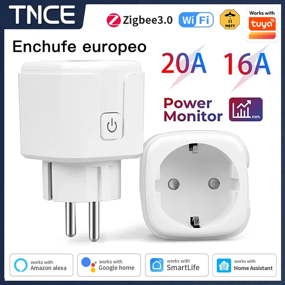 TNCE Tuya WiFi or Zigbee3.0 Smart EU Plug 16/20A With Timing Function Power Monitor,APP Voice Control,Work for Alexa Google Home