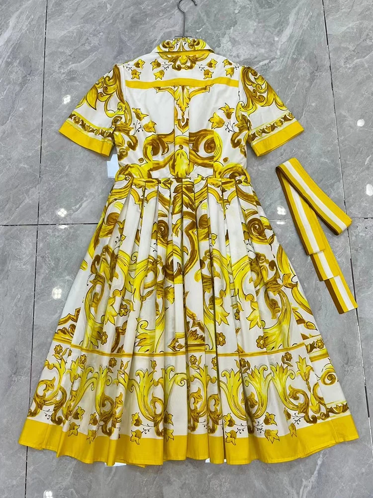 Retro geometric yellow flower porcelain print lapel lace-up waist dress 2024 summer women\'s new fashion loose shirt dress