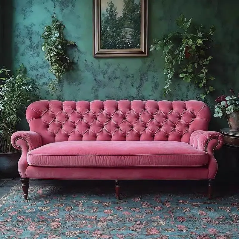 Tufted fabric sofa high-end light luxury pink velvet sofa living room villa hotel