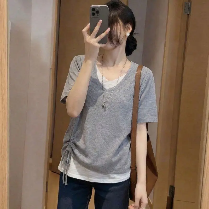 All-match Drawstring Contrast Patchwork Casual Tops Women Clothes Short Sleeve Fake Two-piece Fashion T Shirts Trend Lazy Summer