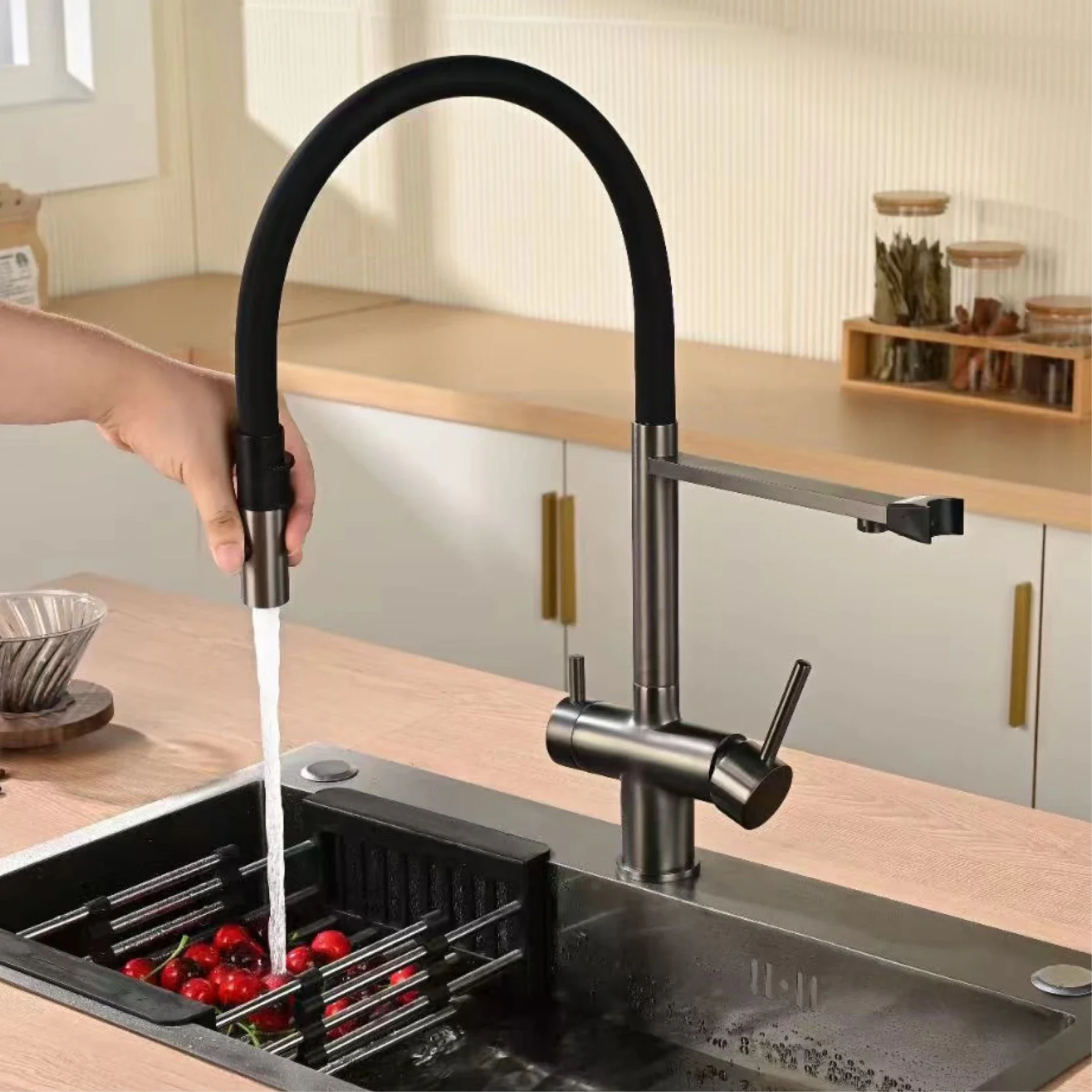 

Modern Brushed Gold Brass Kitchen Faucet, Water Filtration Design, Dual Control For Cold And Hot, Magnetic Suction Tap