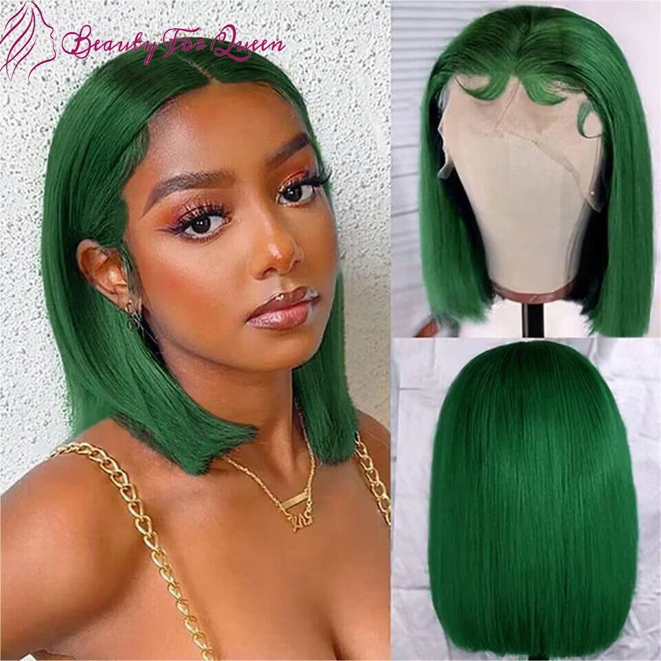 

13x4 Lace Frontal Human Hair Wigs Green Colored Straight Short Bob Lace Front Wig HD Transparent Lace Pre Plucked For Women