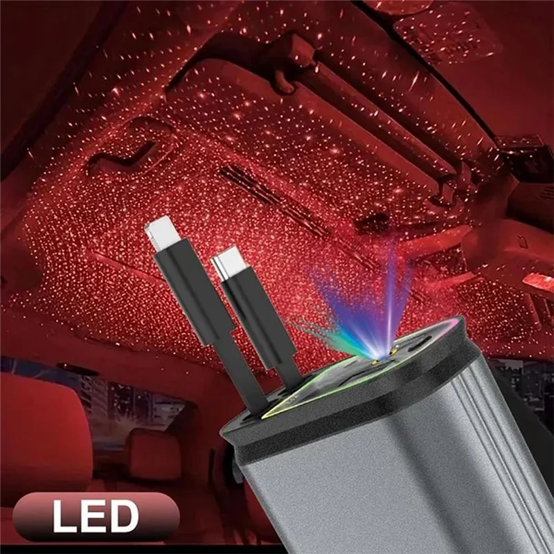 Top Deals 4 In1 Retractable Car Charger With USB Fast Charging Cable Starlight In Auto Roof Atmosphere Light For Iphone