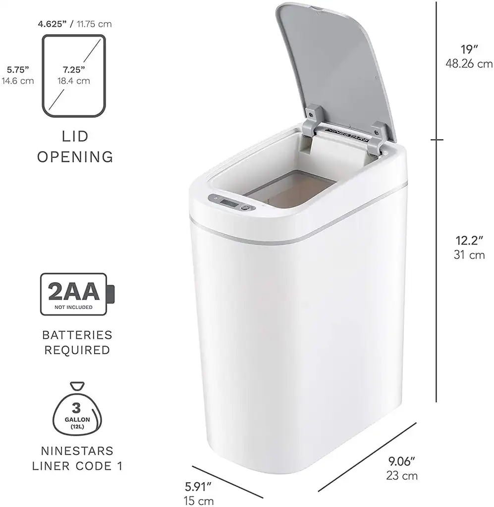 Nine Stars 1.85 Gallon Trash Can, Plastic Motion Sensor Bathroom Trash Can, White, Pack of 2