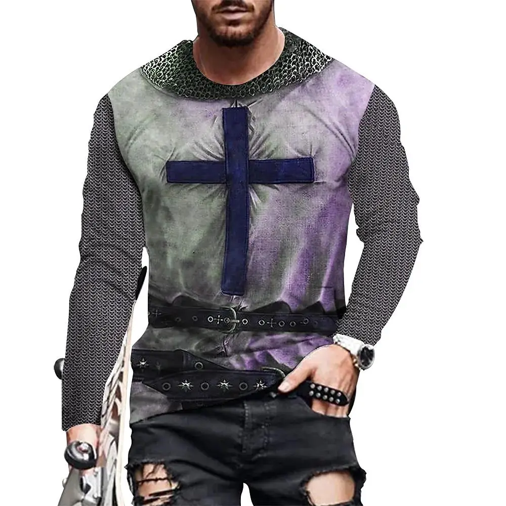 Vintage Print Men T-Shirts Samurai Pattern Knights Templar 3D Top Cotton Tee Streetwear Autumn Long Sleeve Oversized T Shirt 5XL