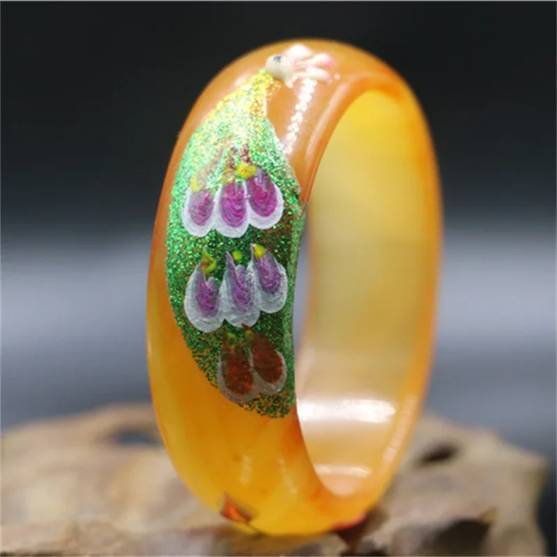 Maichuang/Jade Peacock Painting Agate Round Bar Bracelet Fine Jewelry Accessories Personality Bangles MenWomen Couples Luck Gift