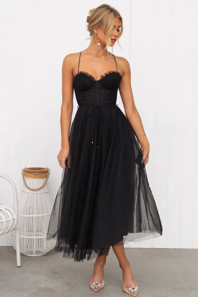 

Sexy Women's Dress Chiffon Mesh Thin Shoulder Strap Long Skirt Women's Solid Color Low Cut Backless Lace Spring Summer Dress