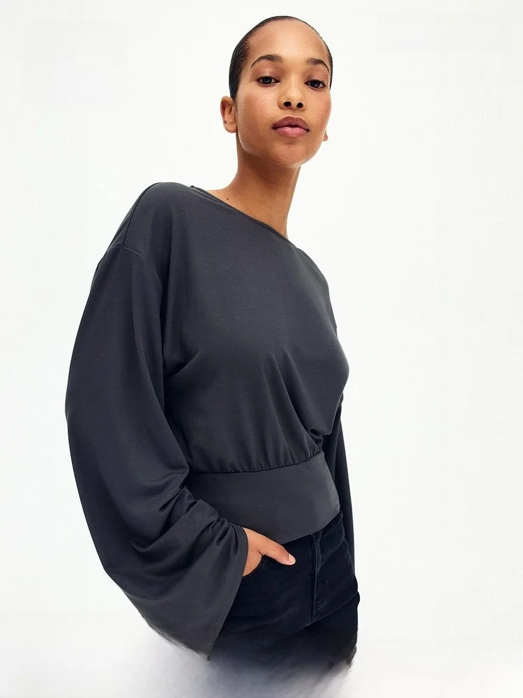 

Spring New Women's Casual Sle Polyester Blend T-irt Gathered Sweat Cloth Top Loose Fit Daily Wear Pure Color H&M 320933