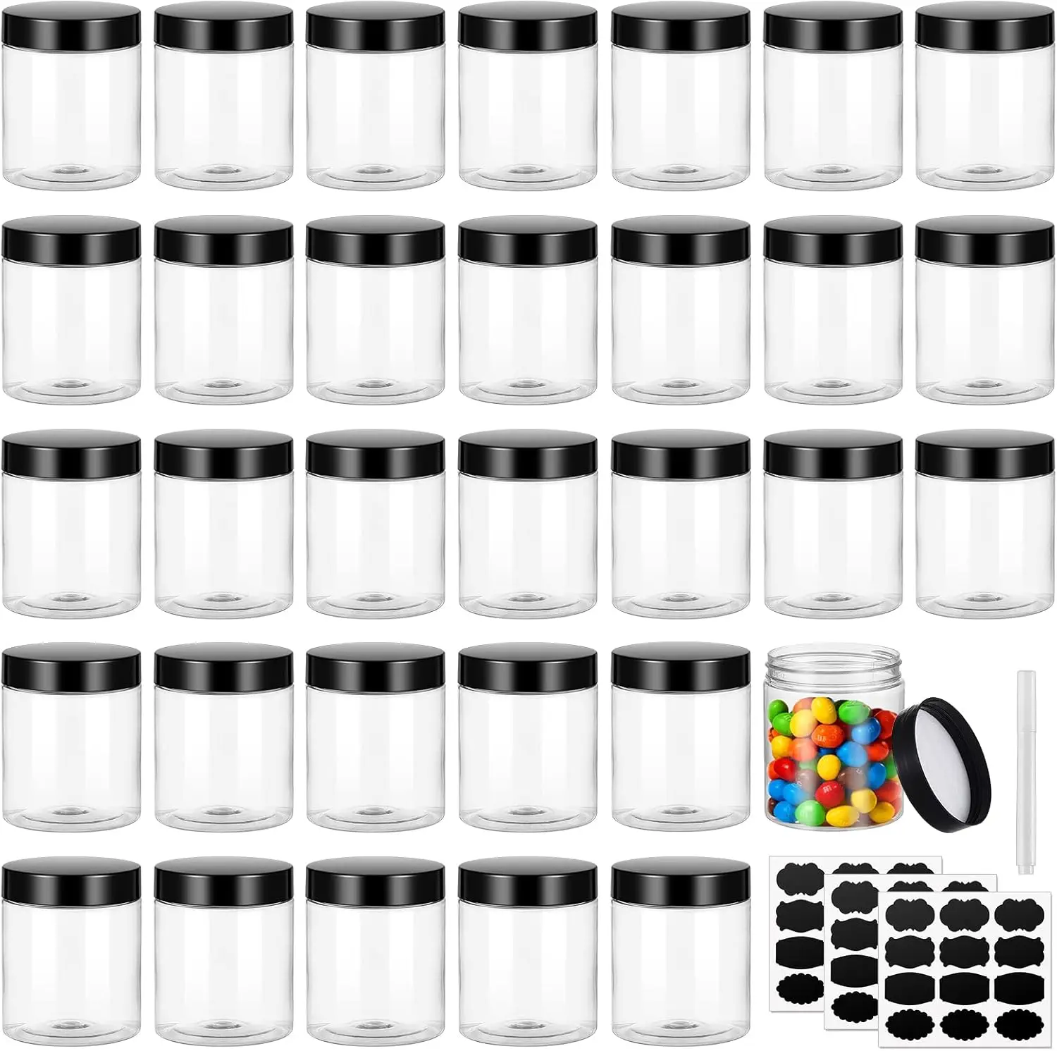 8OZ 32PCS Plastic Jars with Lids Empty Slime Cosmetics Containers Clear Gift Round PET Cream Jars with Black Lids Pen Labels