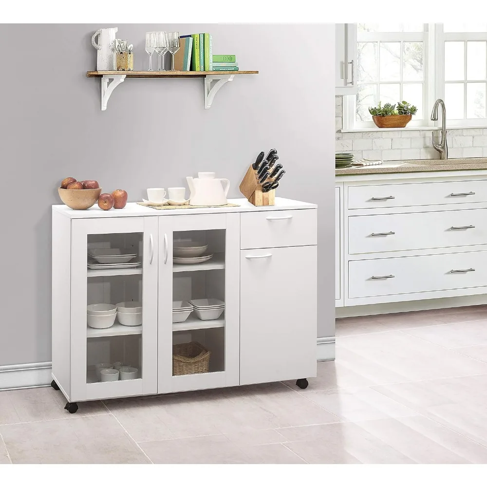 

Buffet Server Sideboard Kitchen Storage Cabinet with Adjustable Shelves & Drawer, White Wood & Glass, 45.5" W x 15" D x 33" H