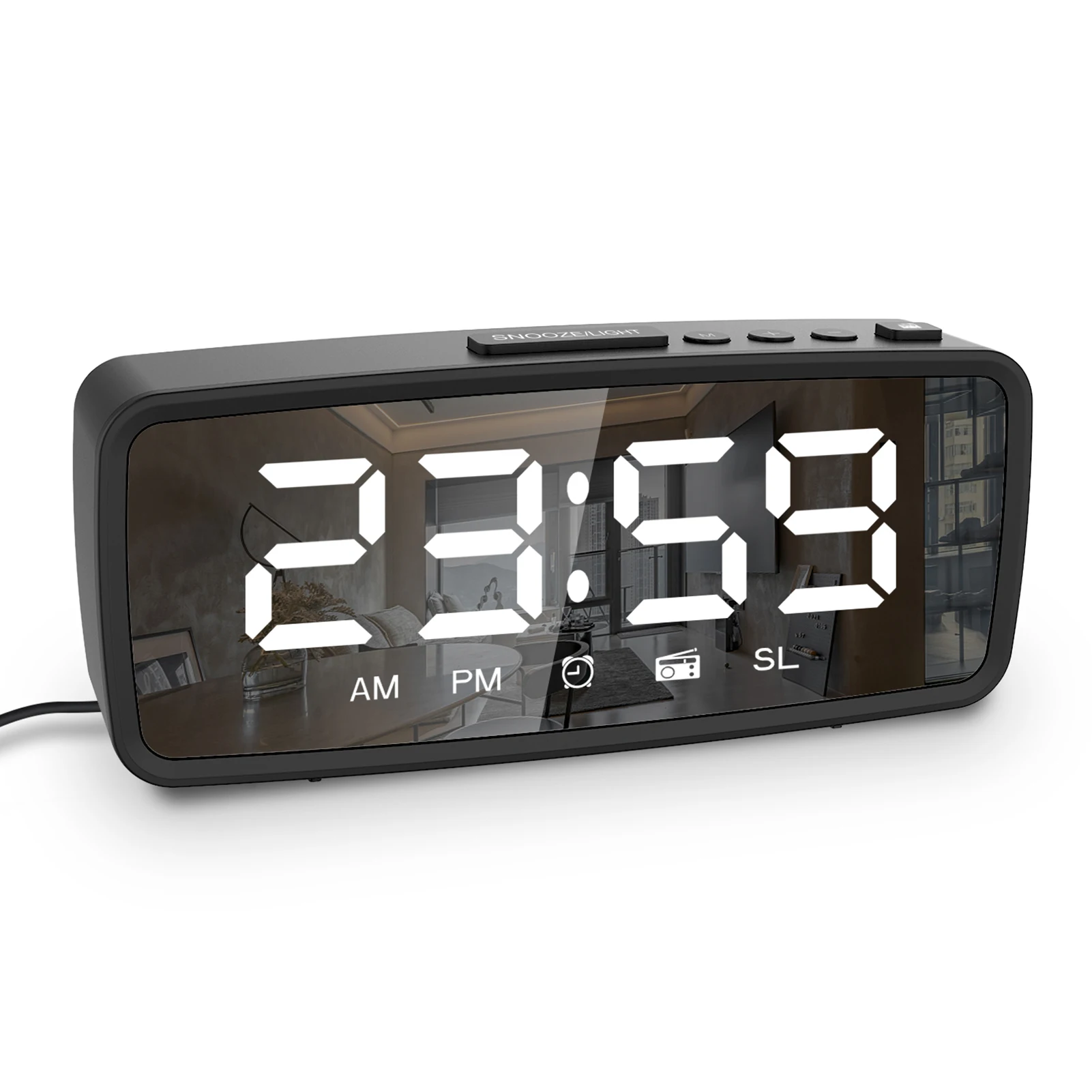 5.1'' Digital Alarm Clock Radio, Mirror Alarm Clock 3 Levels Dimmer FM Radio with Sleep Timer Adjustable Volume, Dark Mode Alarm