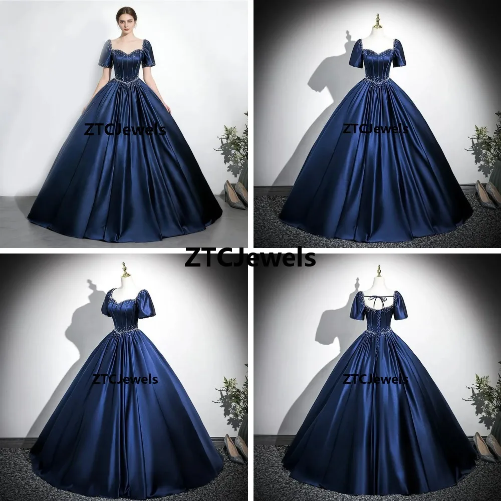

Luxury Navy Blue Princess Ball Gown Satin Quinceanera Dress Short Sleeves Beads Prom Birthday Party Evening Vestidos Cosplay