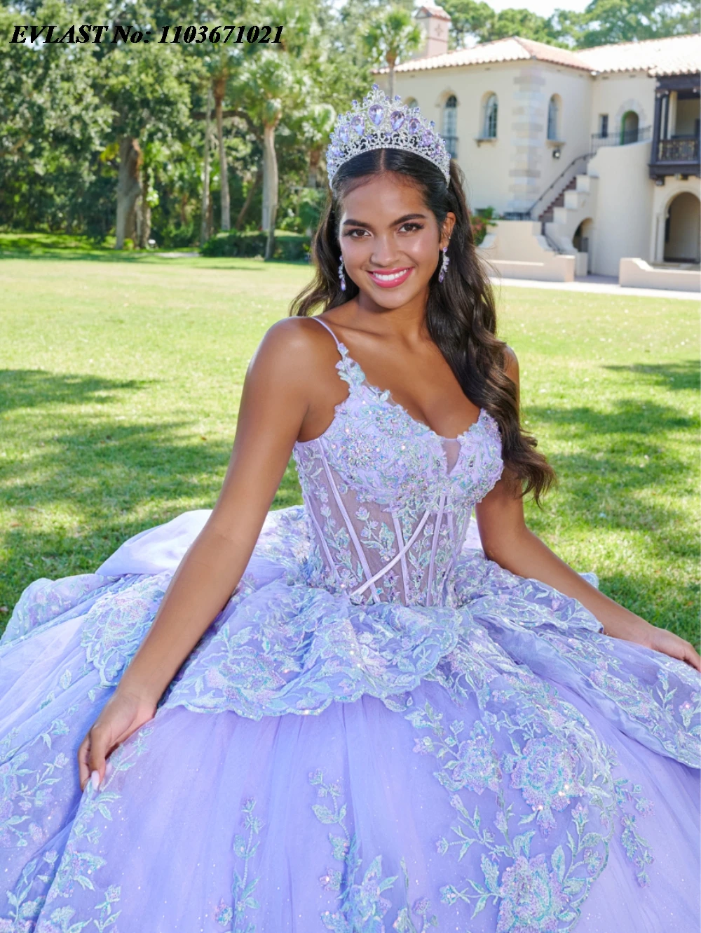 فستان Quinceanera مخصص من EVLAST فستان حفلة لامع مزين بالدانتيل مطرز بالخرز كيب متدرج مشد فيستدوس دي XV Anos SQ302