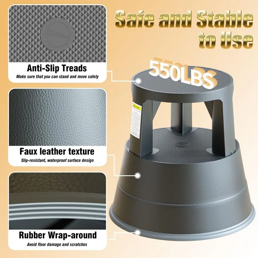 مقعد متدحرج بعجلات، سعة 550 رطل، عجلات قابلة للسحب بمنصة غير قابلة للانزلاق، مقعد دائري عالي التحمل للمكتبة، مجموعة