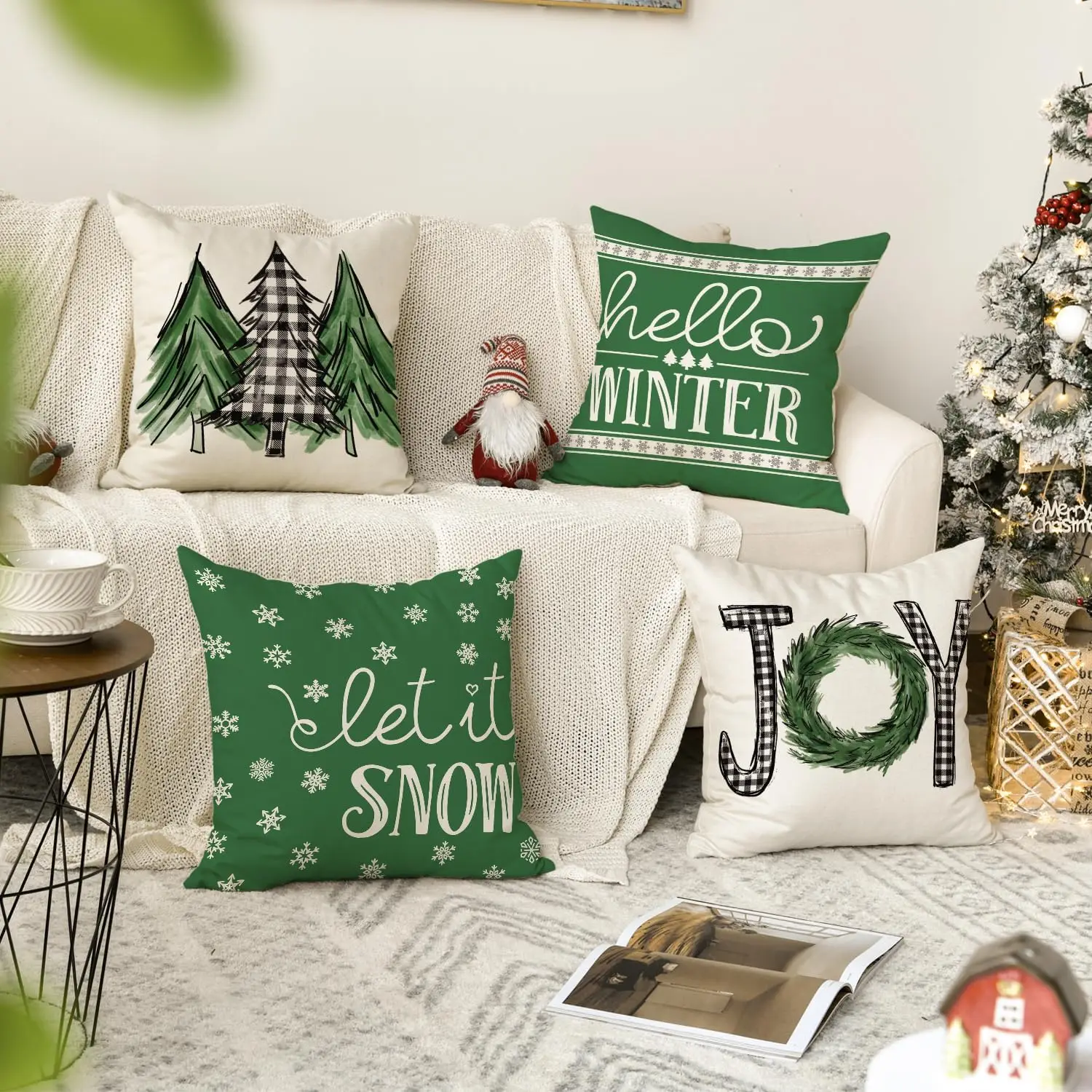 Merry Christmas Trees Mottos Green Throw Pillow Covers,Hello Winter Let it Snow Holiday Cushion Case Decoration for Sofa Couch