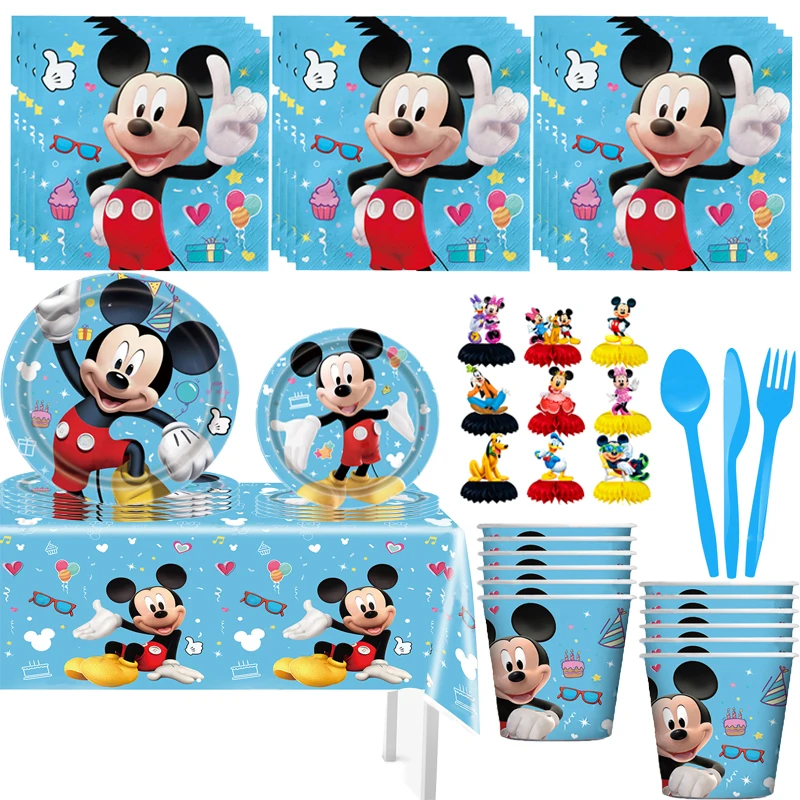 Fournitures de fête de dessin animé Disney TureMouse pour enfants, assiette en papier britannique, tasse en papier, nappe, cadeau de faveur,