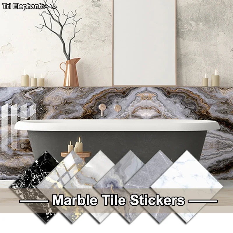 Simulated Marble Tile Floor Stickers Wall Decals Peel&Stick Waterproof Art Wallpaper for Bathroom Washbasin Kitchen Cupboard Bar