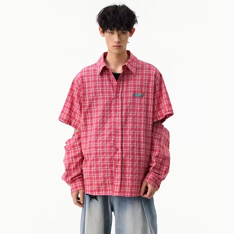 

Summer Removable Sleeve Shirt Men Women Streetwear Fashion Loose Casual Long Sleeve Plaid Shirts Unisex Blouses