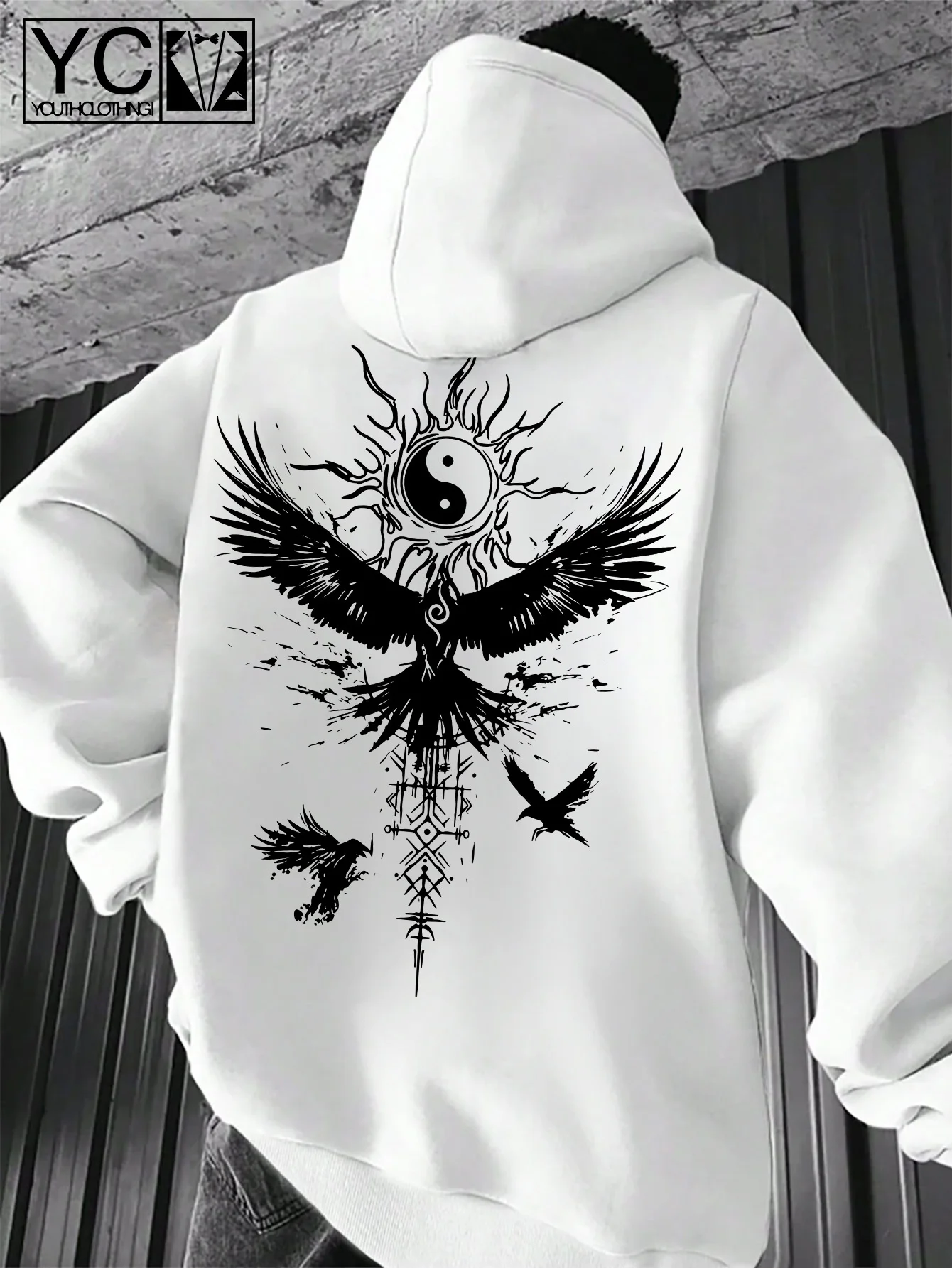 Men's Casual Hoodie Long Sleeve Loose Fit Yin Yang Crow Print Breathable Fabric Perfect for Fall Winter Street Casual Pullover