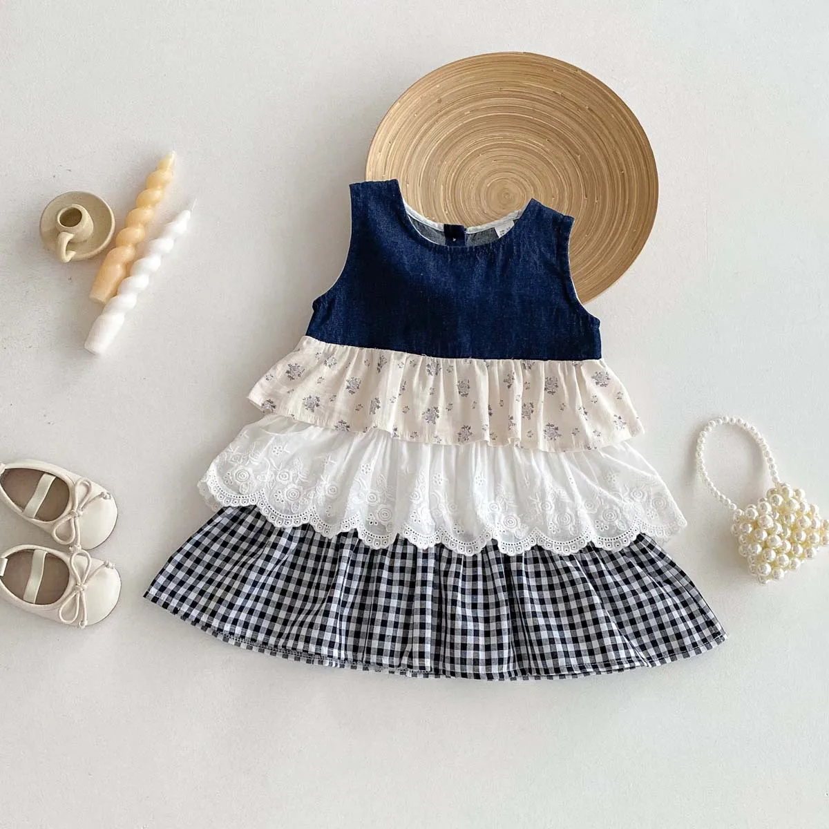

2026 Summer New Girls Sleeveless Layered Dress Children Denim Plaid Splicing Dress Baby Girl Vest Dress Kids Toddler Clothes