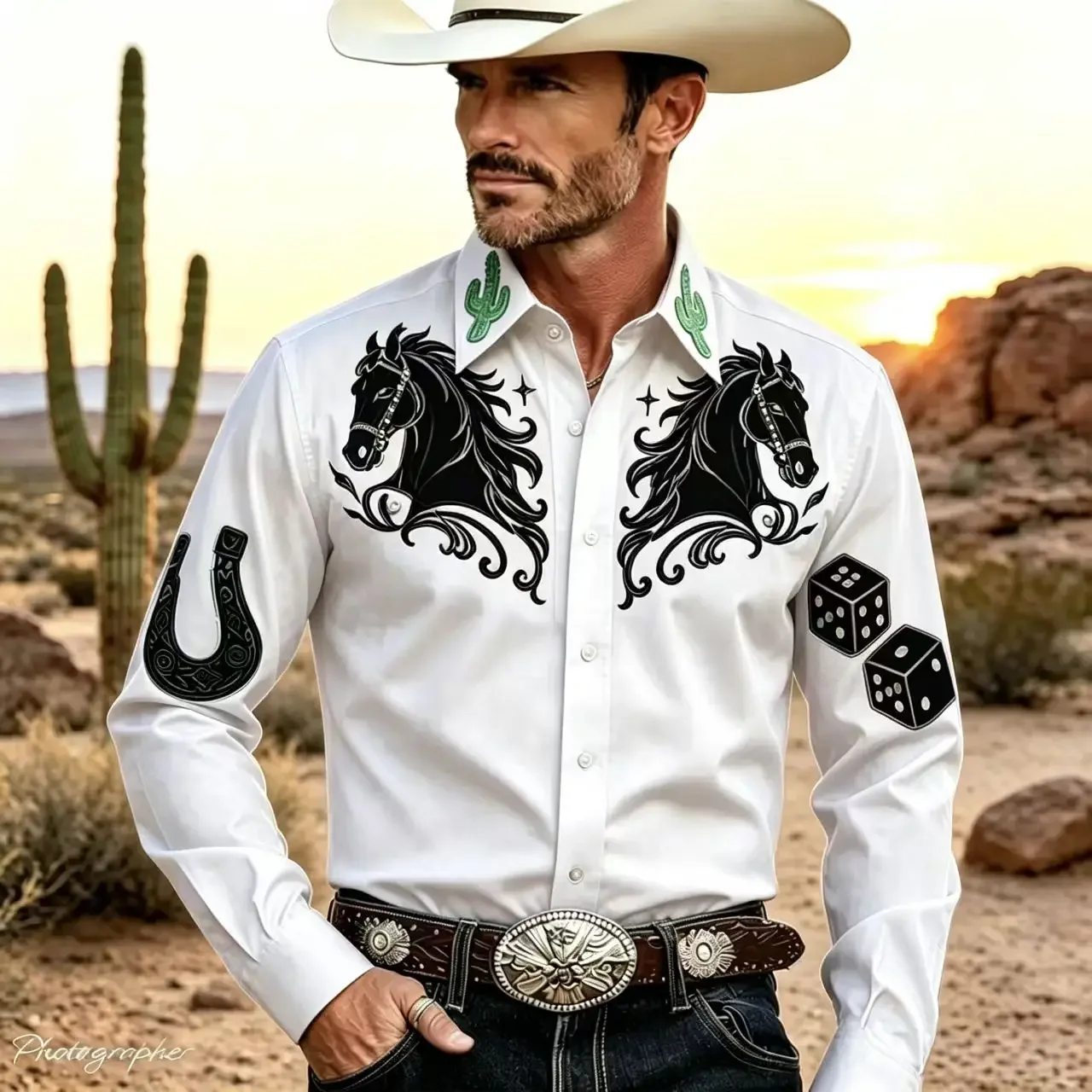 Premium Men's Long Sleeved 3D Horse Head Print Western Denim Shirt – Hot Sale Outdoor Street Casual Fashion, Comfortable