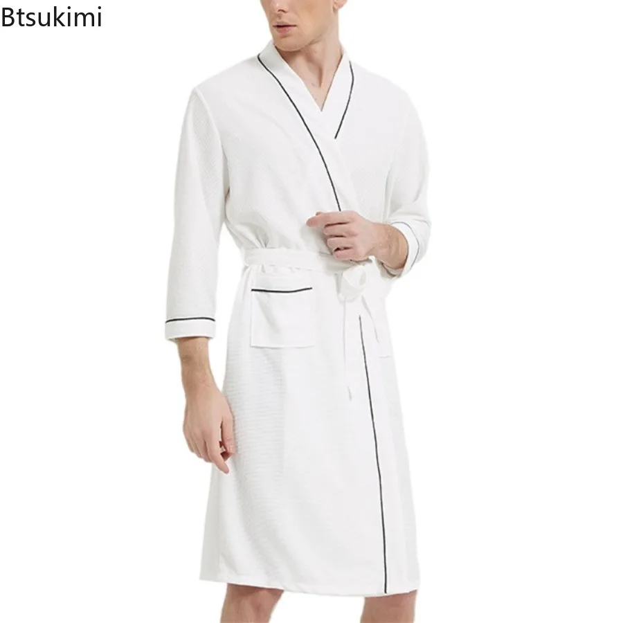 New 2026 Men's Spring Autumn Bathrobe Three-quarters Sleeve Sleepwear Robe Solid Color Loose Lounge Home Clothes for Men Pajamas