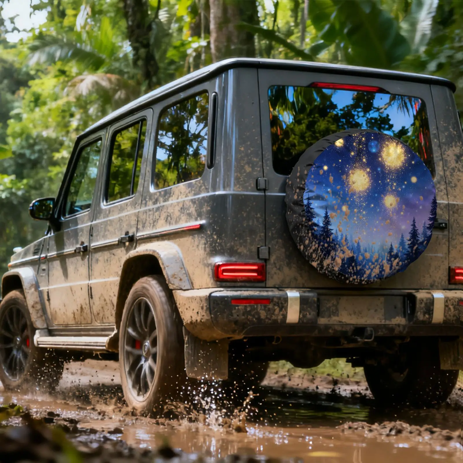 Starry Night Forest Tire Cover Polyester Durable Weather Resistant RV SUV Truck Spare Wheel Protector