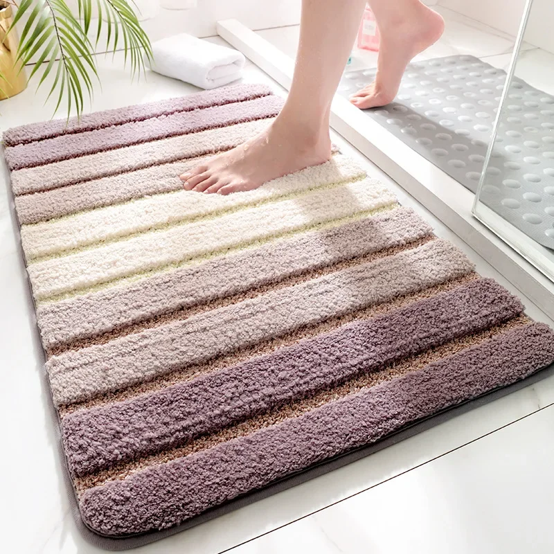 Simple Stripe Thicken Non-slip Bathroom Rug Large Capacity Super Absorbent Quick-drying Bath Carpet Entrance Door Flocked Rugs