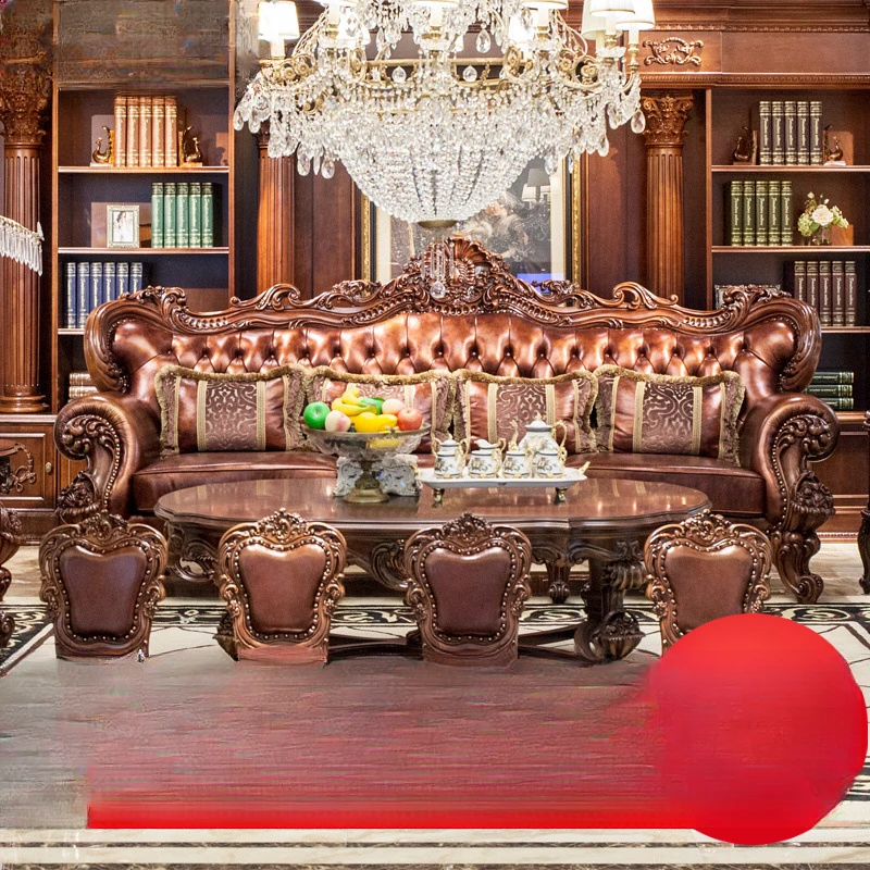 

European leather sofa American classical solid wood carving flower size apartment living room high-end luxury furniture