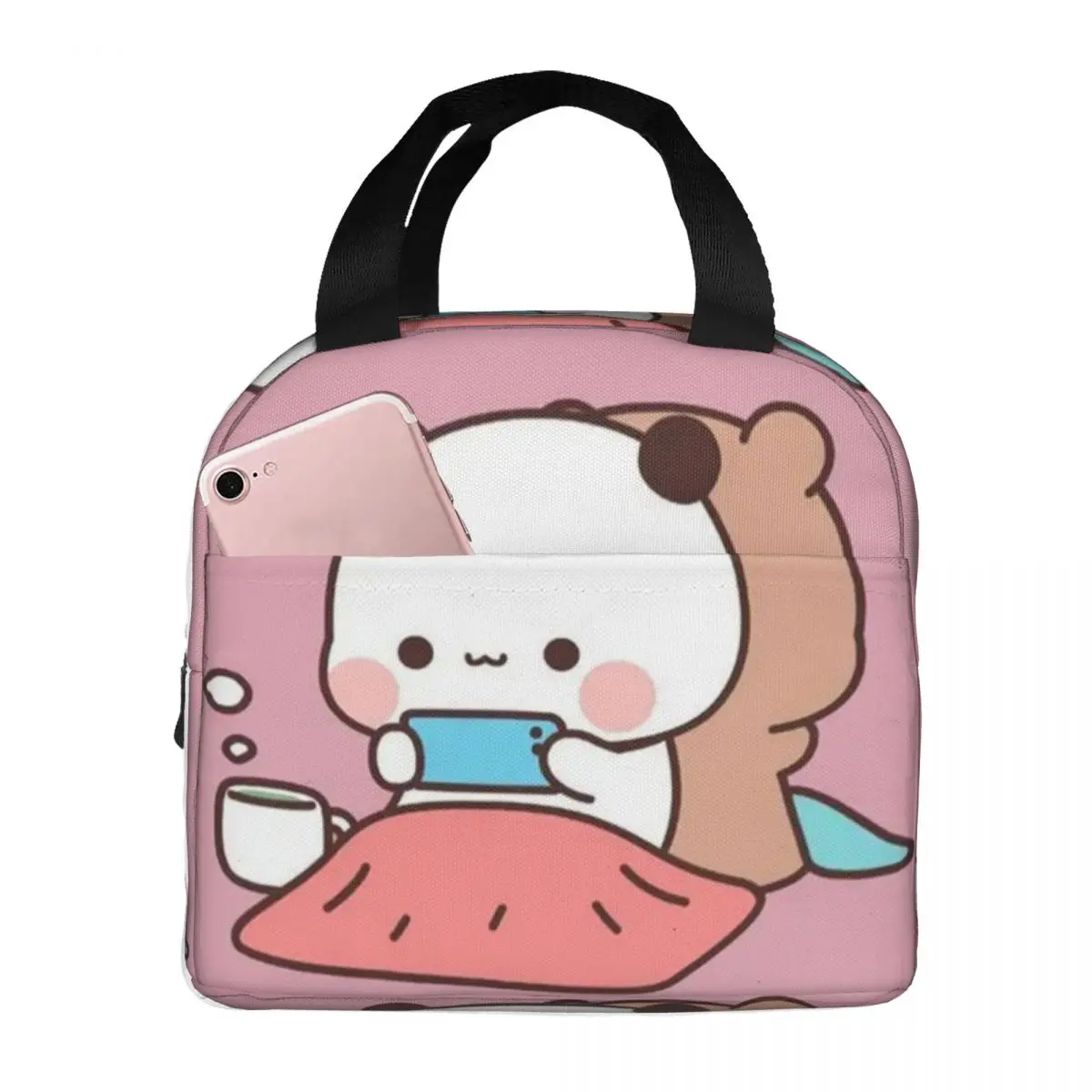 Bubu And Dudu Playing Together Panda Bear Couple Pattern Cooler Lunch Box Mocha Mochi Peach Cat Mountaineering Thermal Food Bag