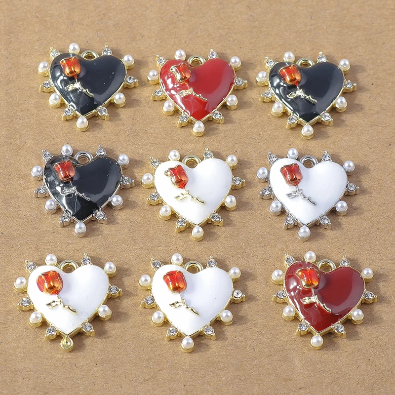 4pcs 20x19mm Chic Enamel Rose Pearl Heart Charms Pendants DIY Necklace Earrings Bracelet Jewelry Making Accessories Supplies