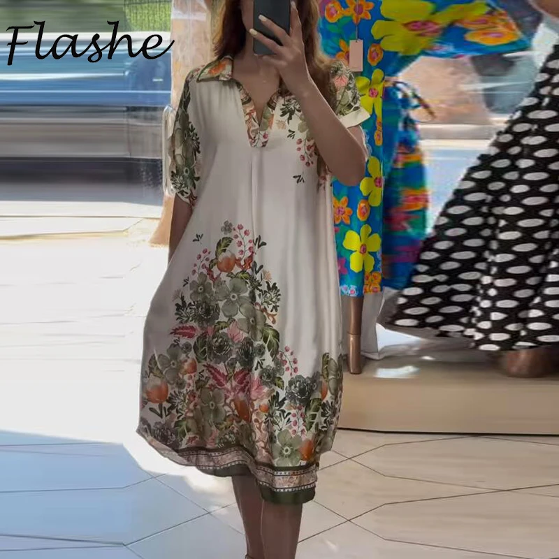 

Elegant Floral Printed Party Dress Plus Size Women Robe V Neck Loose Beach Holiday Dress Women Casual Short Sleeve Midi Dress
