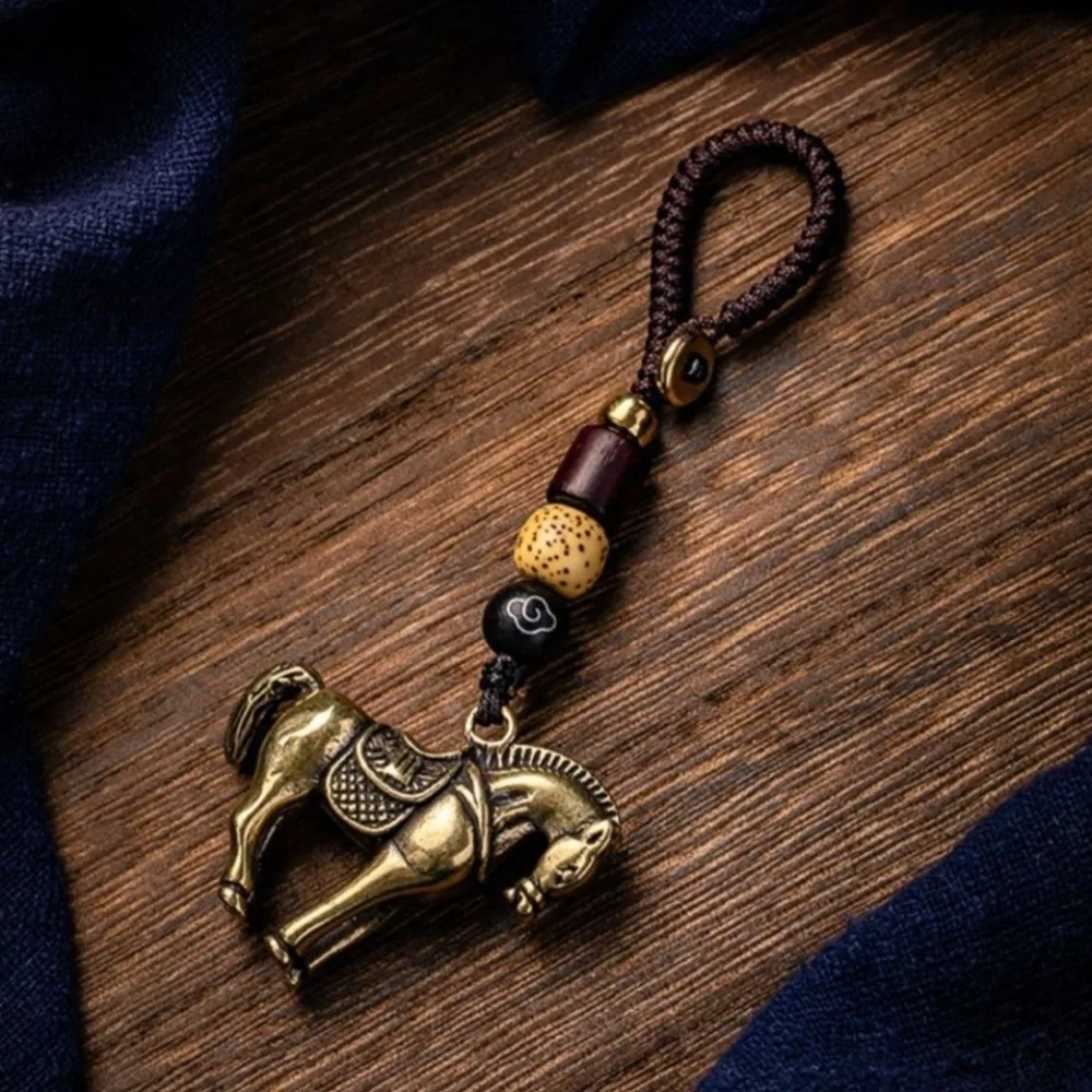 Copper Horse Lucky Bag Pendant Wealth Feng Shui Chinese Zodiac Key Ring Bag Charm Handmade Rope Weaving Key Chains Jewelry Gift