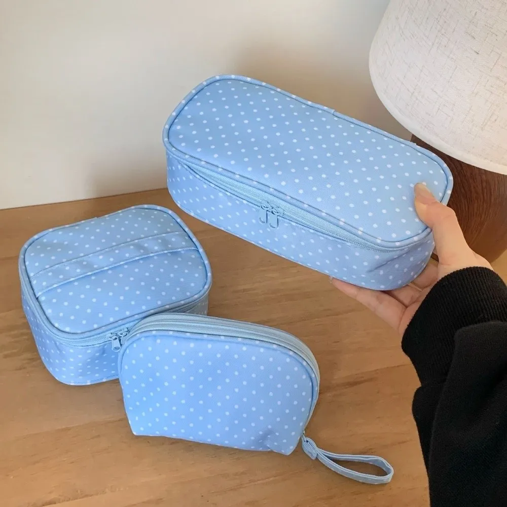 Simple Polyester Polka Dot Makeup Bag Light Blue Multi Size Cosmetic Pouch Checkered Zipper Travel Toiletry Storage Bag Home