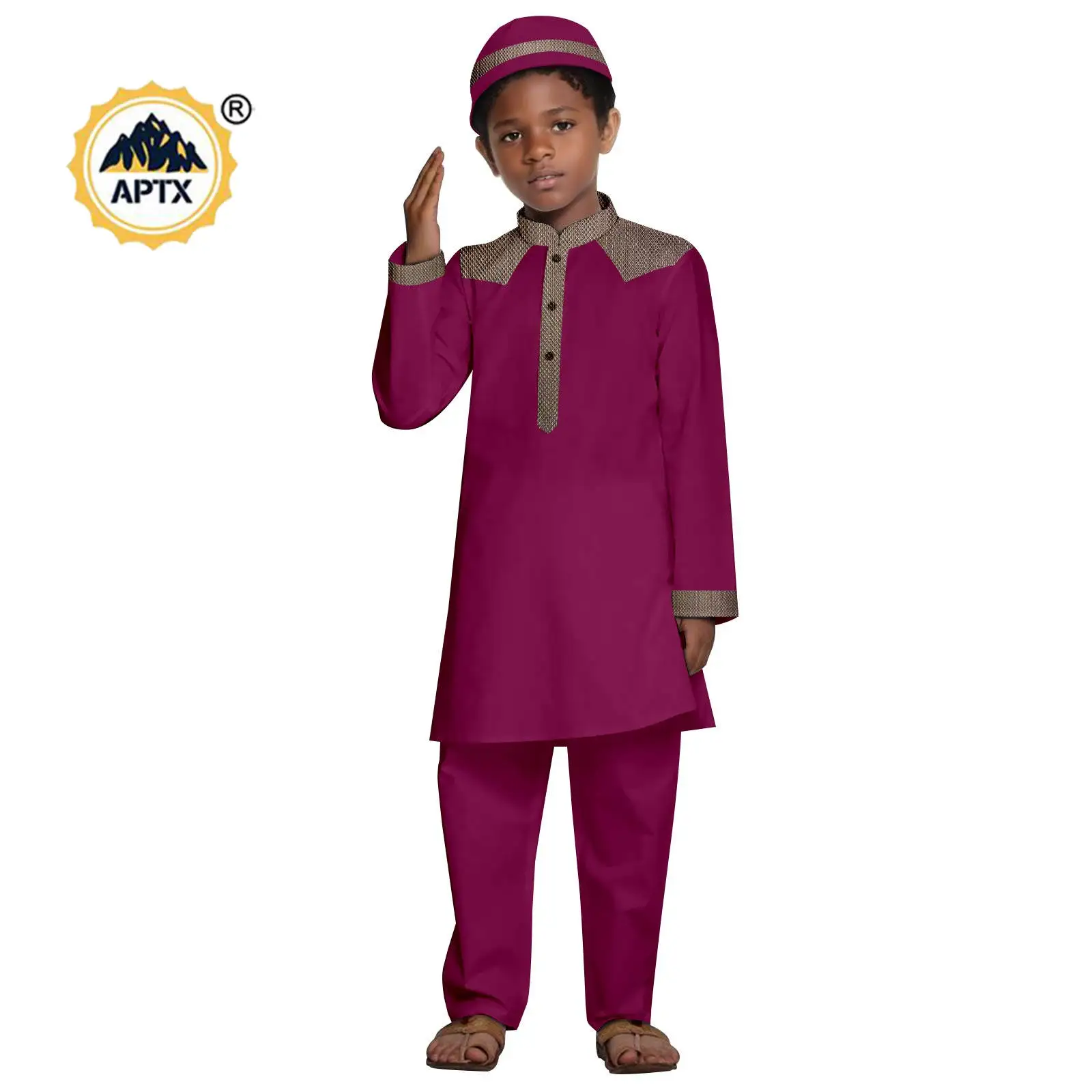 Africa Clothes for Boy Dashiki Outfits Appliques Top Shirt and Pants Matching Hat Bazin Riche Children Kid Muslim Sets 2546007