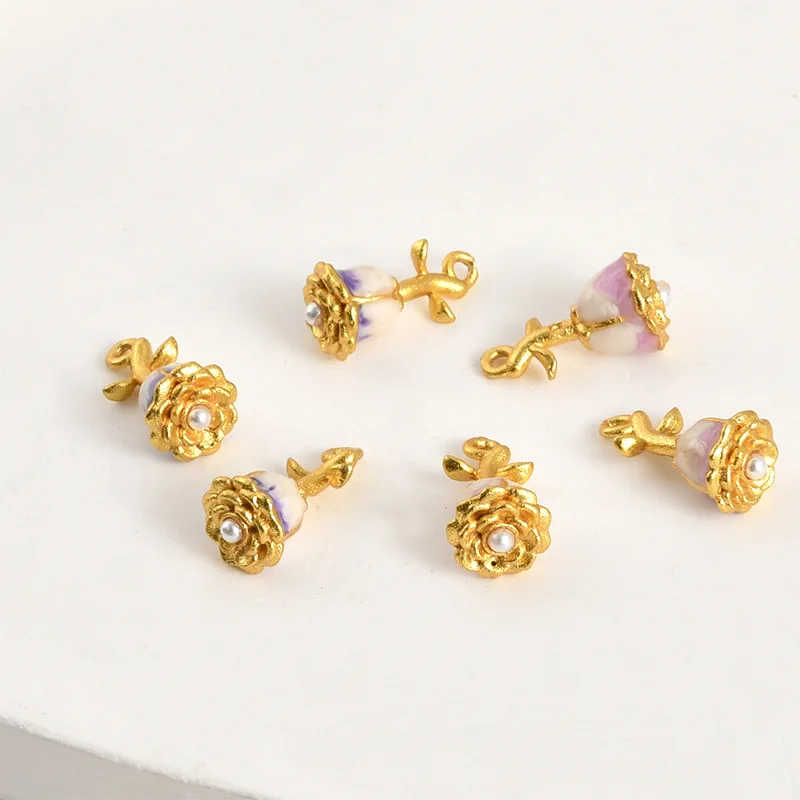 Copper Plated 18k Placer Gold Color Retained Pearl Rosebud Drip Oil Pendant DIY Handmade Bracelet Necklace Earrings Accessories