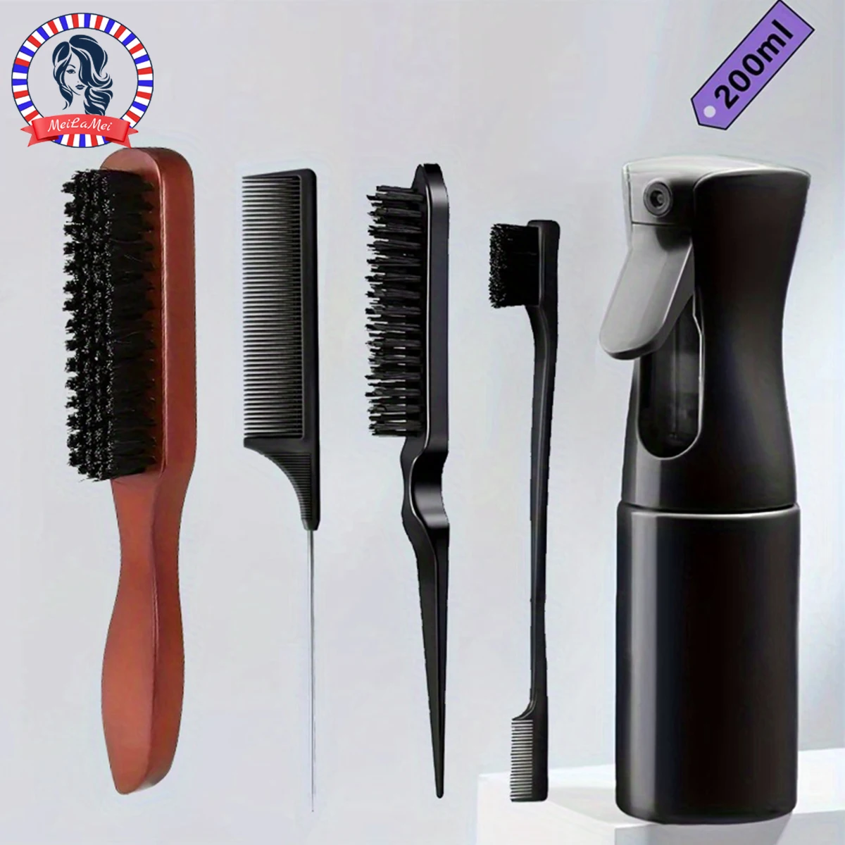 6pcs Wooden Comb Set with Bamboo Handles - Boar Bristle Teasing&Smoothing Combs Spray Bottle Perfect for Slicked Back Hairstyles