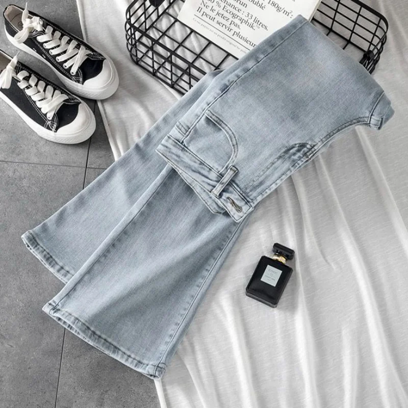 

Светло-голубые расклешенные джинсы женские с высокой талией Hotsweet повседневная весенняя винтажная мода сделать старый корейский стиль студенческая универсальная уличная одежда