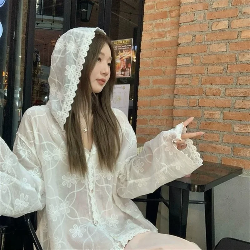 

2026 Blusas Lace Embroidery Flower Shirts New Summer Blouse French Style Vintage Hooded Blouses Women's Clothing