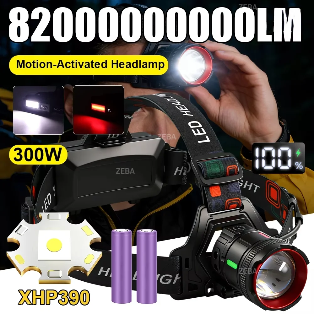 300W Outdoor Headlamp Ultra Powerful LED Front Lamp XHP390 Rechargeable Spotlights 18650x2 Lantern ForHiking Lights and Lighting