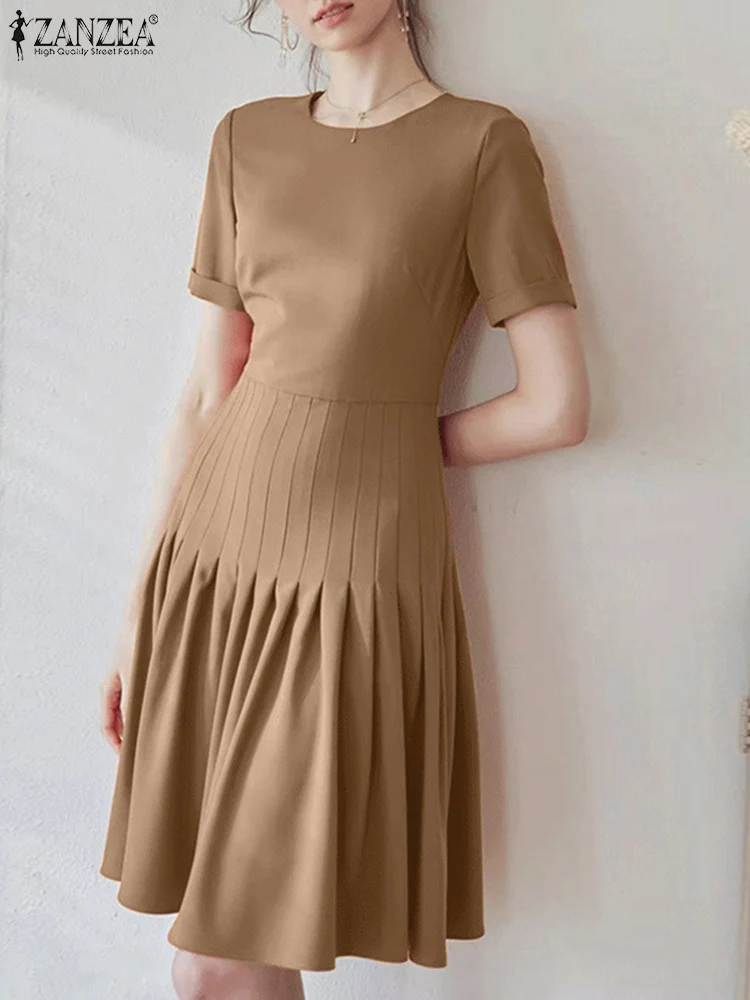 Fashion Solid Pleated Dress ZANZEA Women Summer Sundress Elegant Short Sleeve O Neck Vestidos Casual OL Work Party Robe Femme