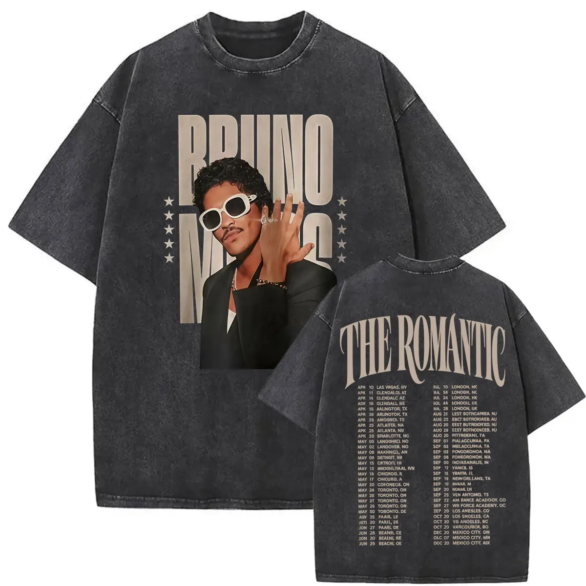 Vintage Washed Bruno Mars The Romantic Tour 2026 Music T Shirts Men Women Fashion Hip Hop Casual Short Sleeve T-shirt Streetwear