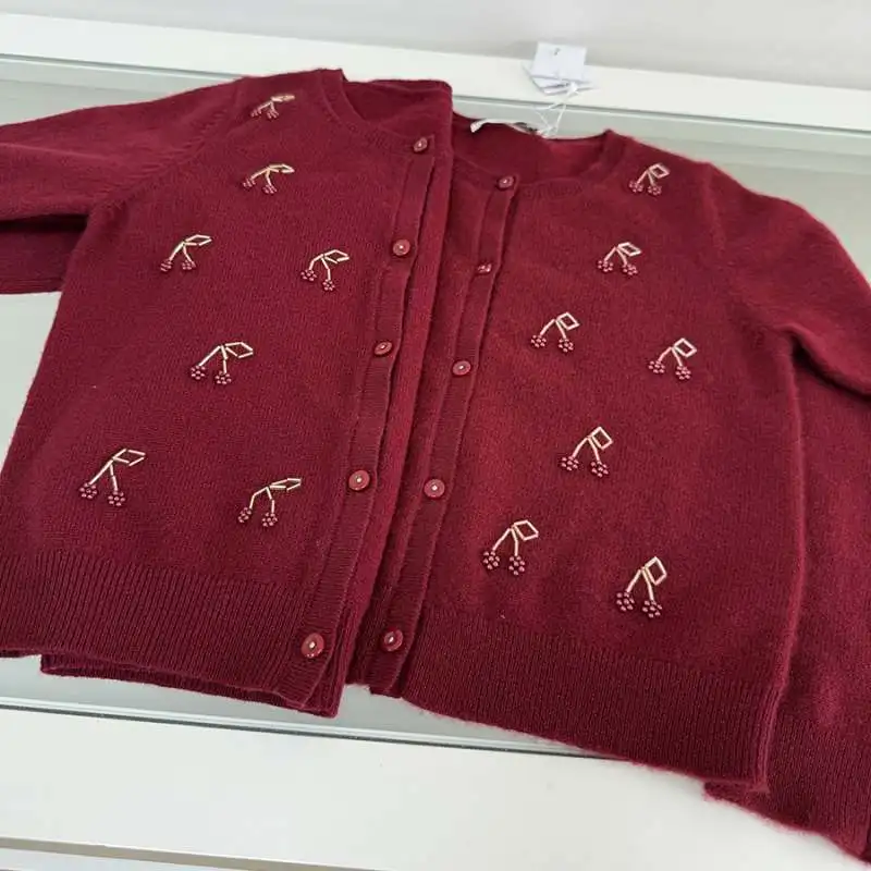 BP 2026 Spring New Beading Caedigan Cotton Thin Cardigan For Kids Red Sweater Cherry Knitted Shirt Baby Air Conditioning Shirt