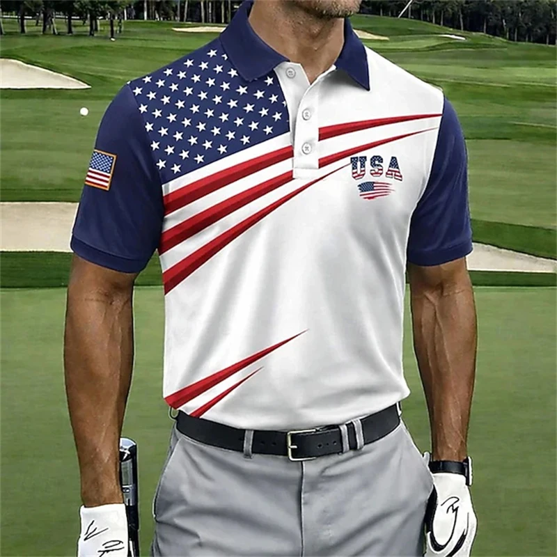 New USA American Flag Polo Shirt Patriotic Golf Men Short Sleeve Tee For Golf O…